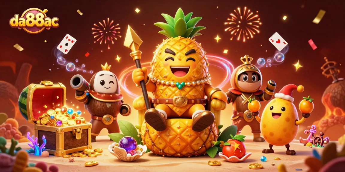 Engage with da88ac's vibrant beach casino scene featuring a golden pineapple king and festive elements.