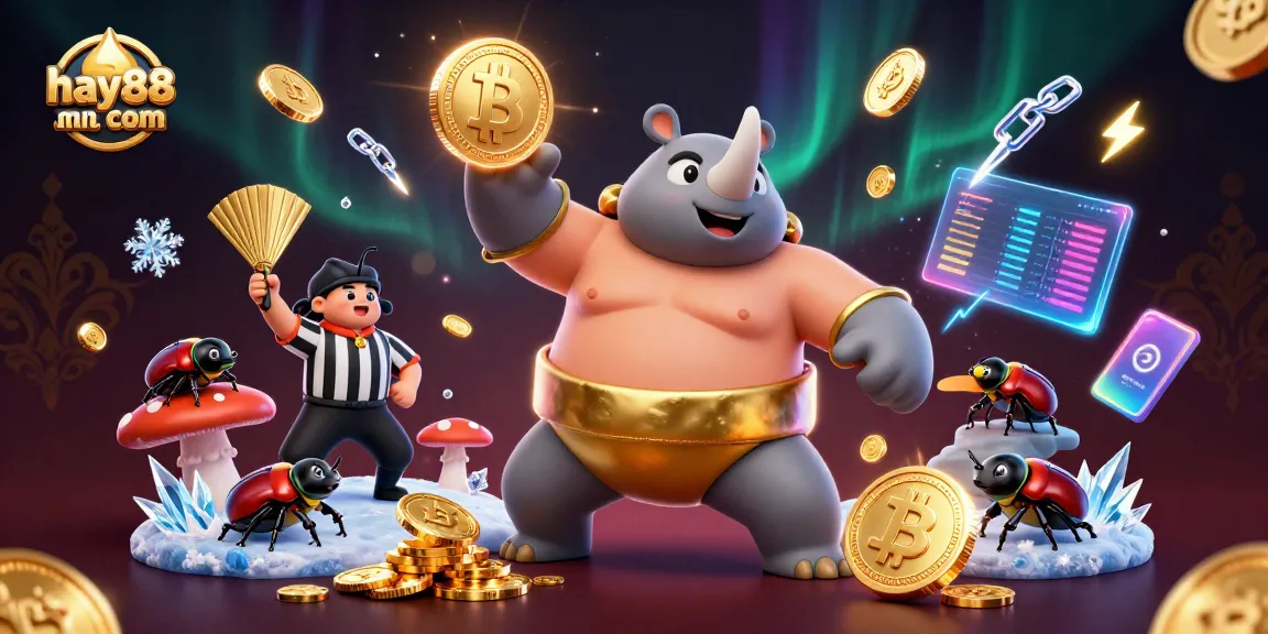 Experience the thrilling world of hay88 com with a lively casino scene featuring a sumo beetle champion amid dazzling crypto coins and action.