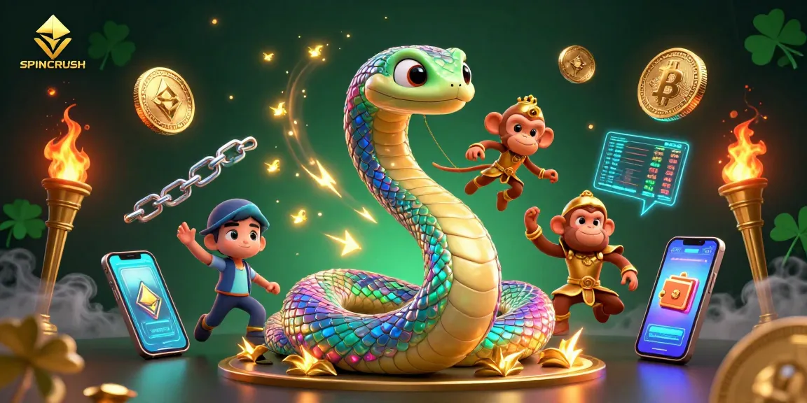 Engage with SPINCRUSH through vibrant gaming elements and characters in an exciting 3D scene.