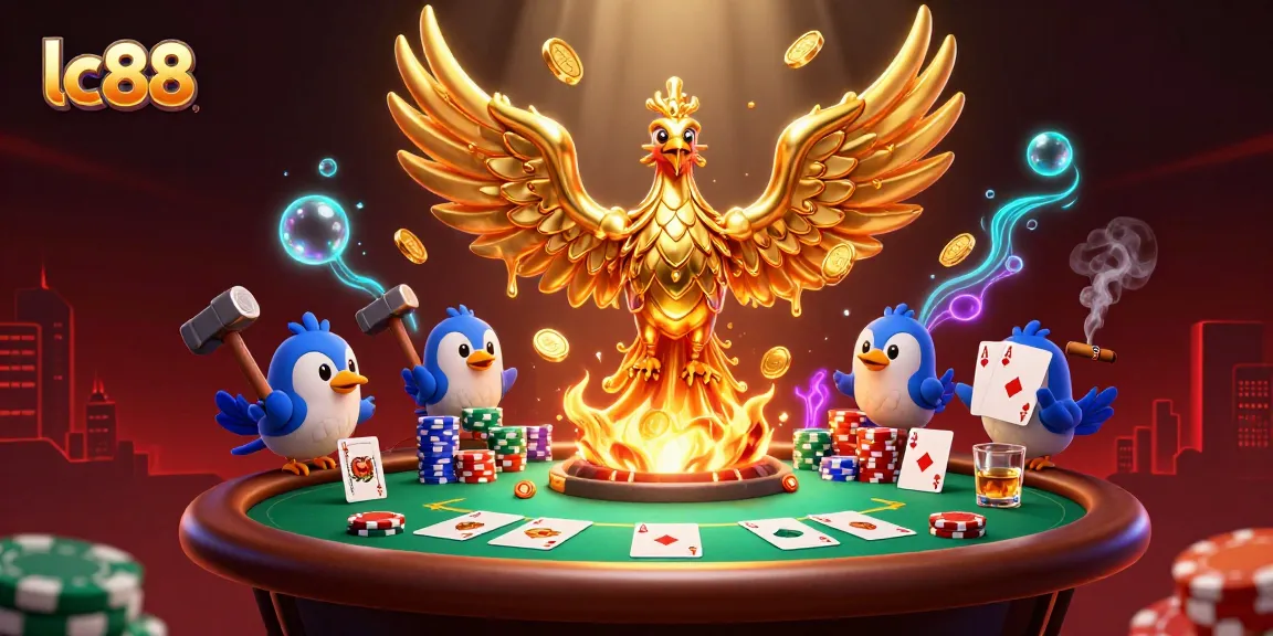 Experience the riches at lc88 with a molten golden phoenix and dynamic poker scene illustrating high-stakes gambling.
