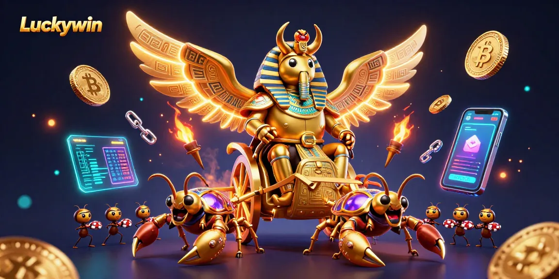 Experience Luckywin's vibrant casino world with the golden scarab exploring thrilling games and treasures.
