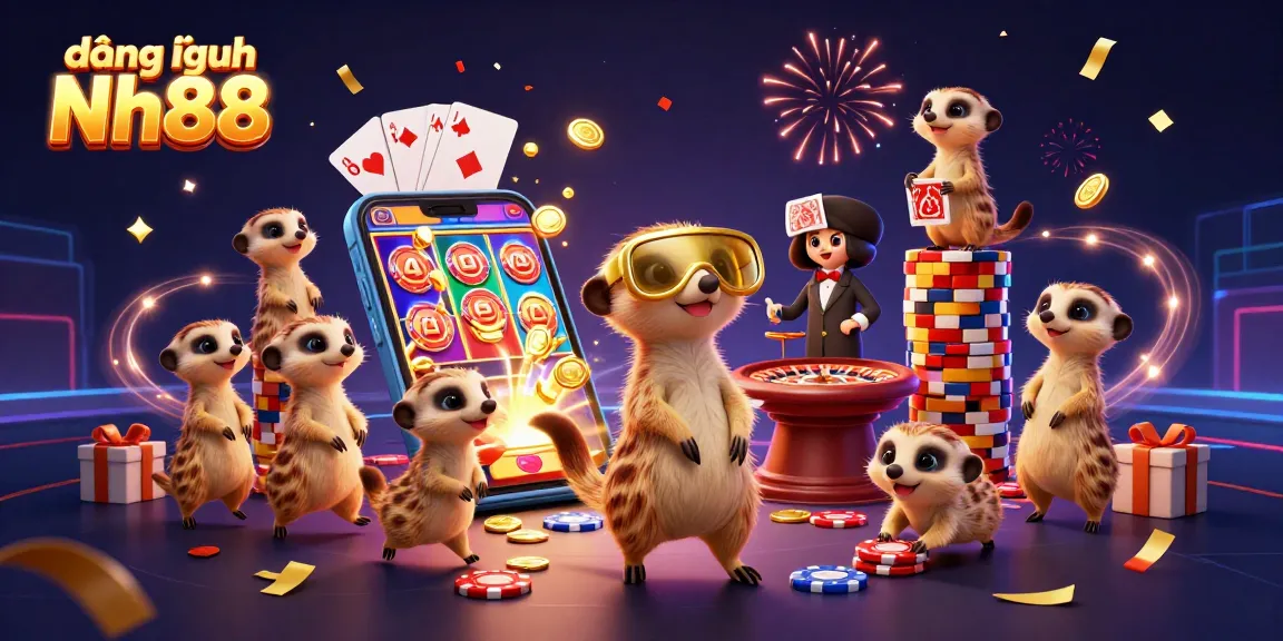 Experience excitement at đăng nhập Nh88 with meerkats managing a vibrant casino scene filled with games and animation.