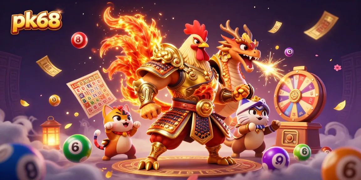 Engage in thrilling gameplay at pk68, featuring a fiery rooster warrior, dragon hatchling, and vibrant casino elements.