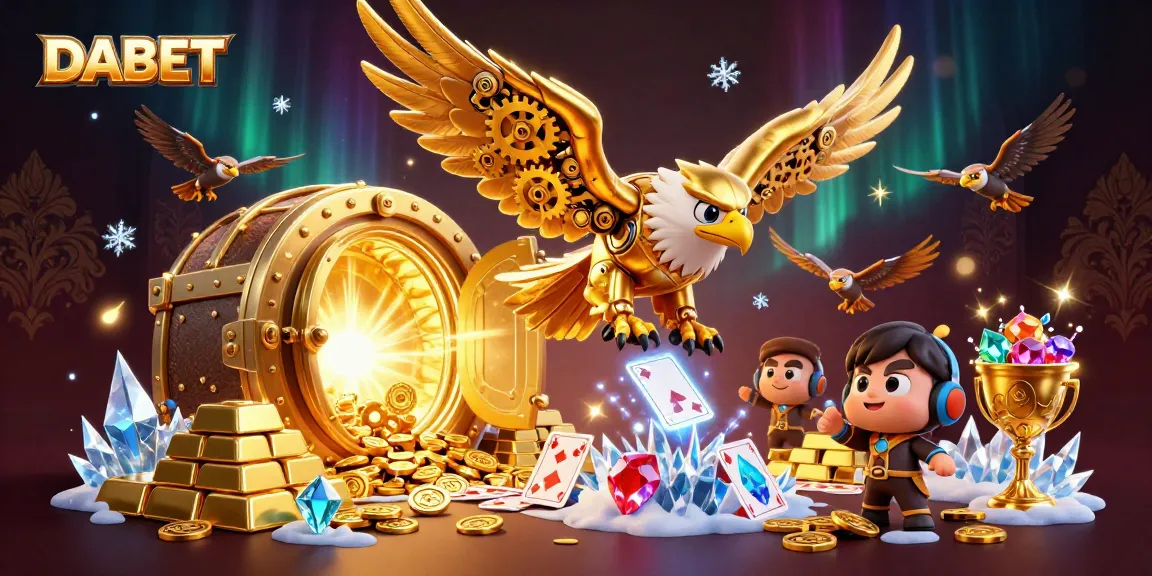 DABET engages players with a thrilling casino experience amidst holographic cards and treasure.