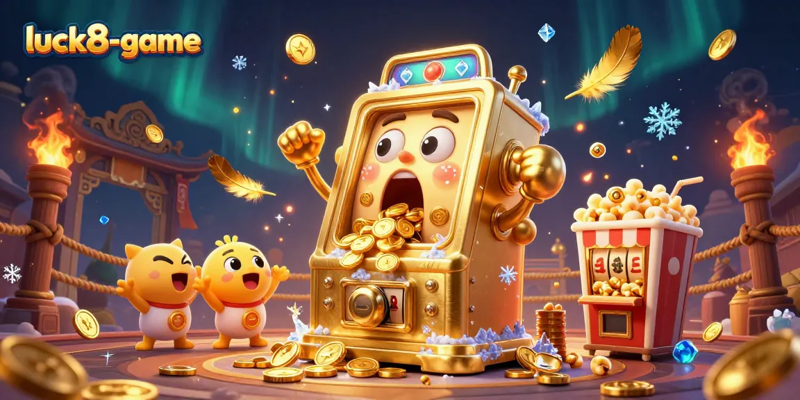 Experience winning moments with luck8-game's golden slot machine surrounded by cheering baby slots and festive elements.