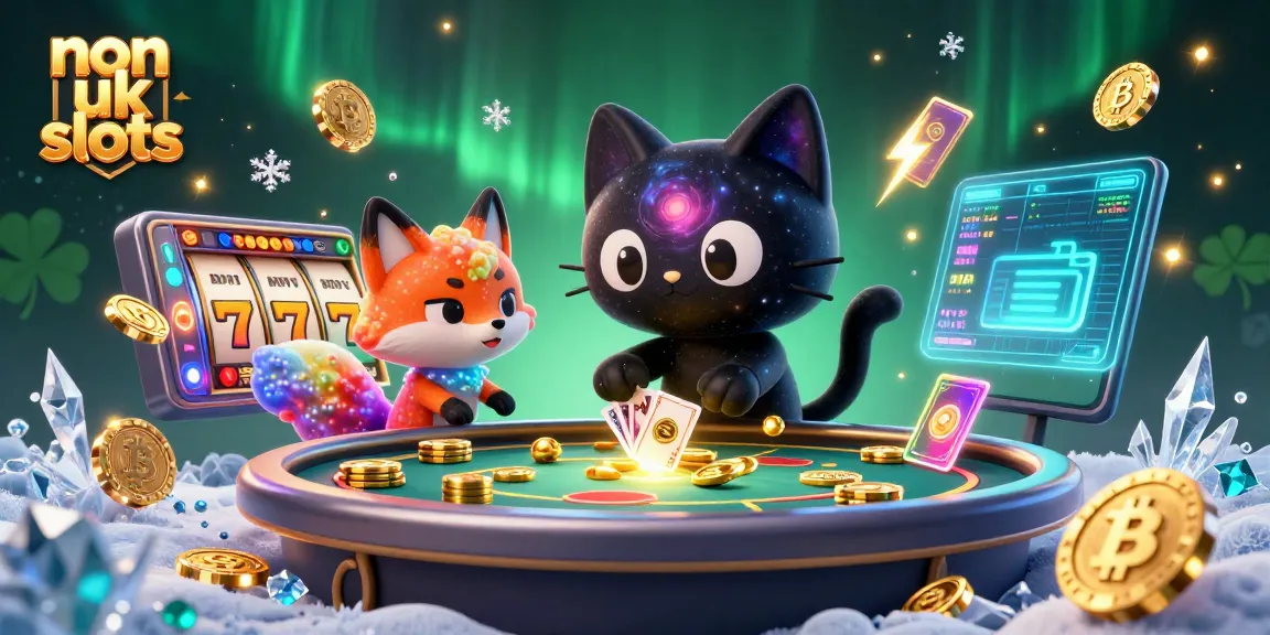 Play engaging non uk slots with a cosmic cat at a vibrant casino table featuring glowing cryptocurrency elements.