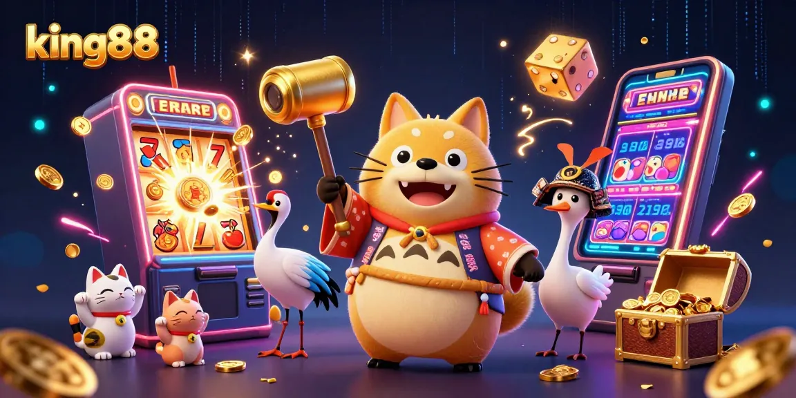 Engage with king88's thrilling gaming experience, featuring vibrant characters, slot machines, and energy