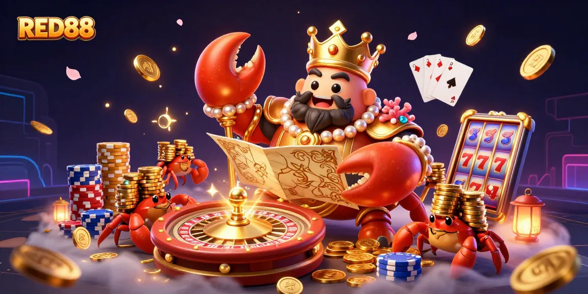Experience the excitement of RED88 with a 3D illustration of a golden crab emperor amidst dynamic casino elements.