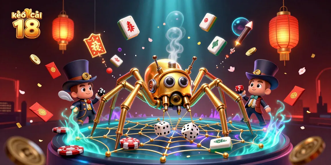 Engaging illustration of kèo nhà cái 18 showcasing steampunk spider and gambling elements.