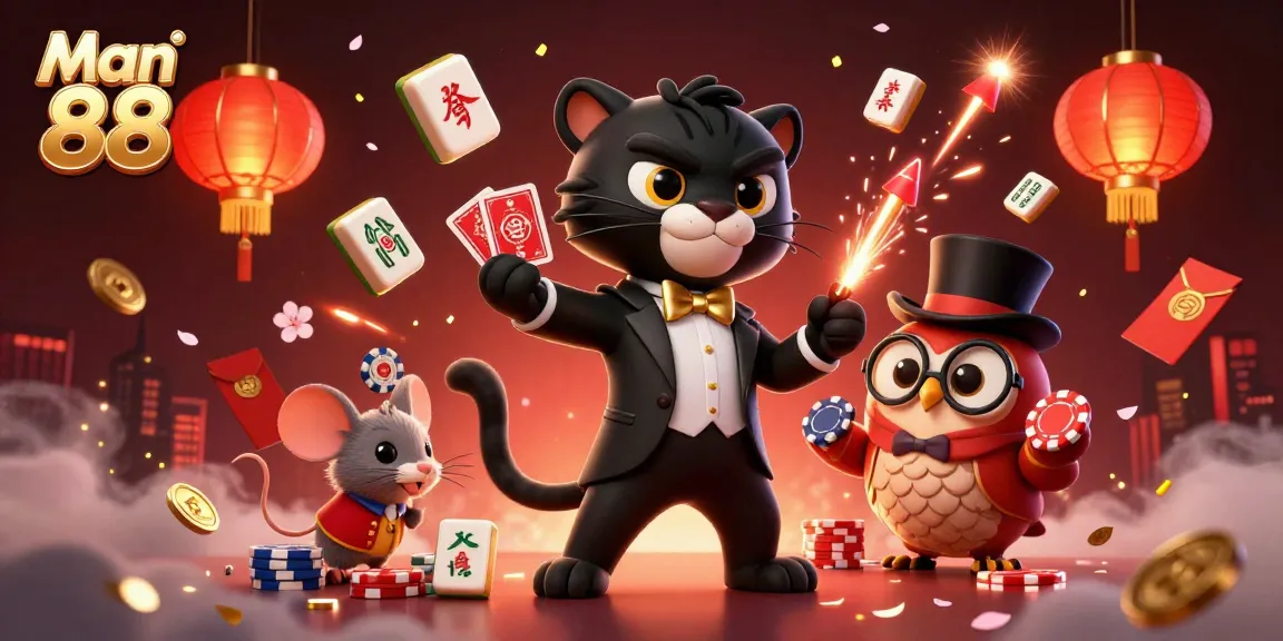 Man 88 showcases a stylish panther dealer amidst vibrant casino elements, capturing the excitement of gambling.