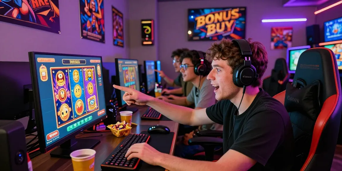 Exciting group playing bonus buy slots at aboutderbyshire.co.uk with vibrant game visuals and snacks.