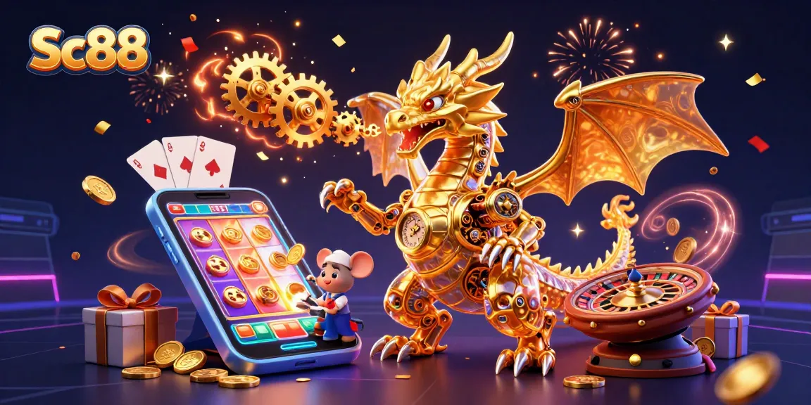 Experience Sc88's vibrant casino excitement with a lively dragon, slot games, and golden rewards