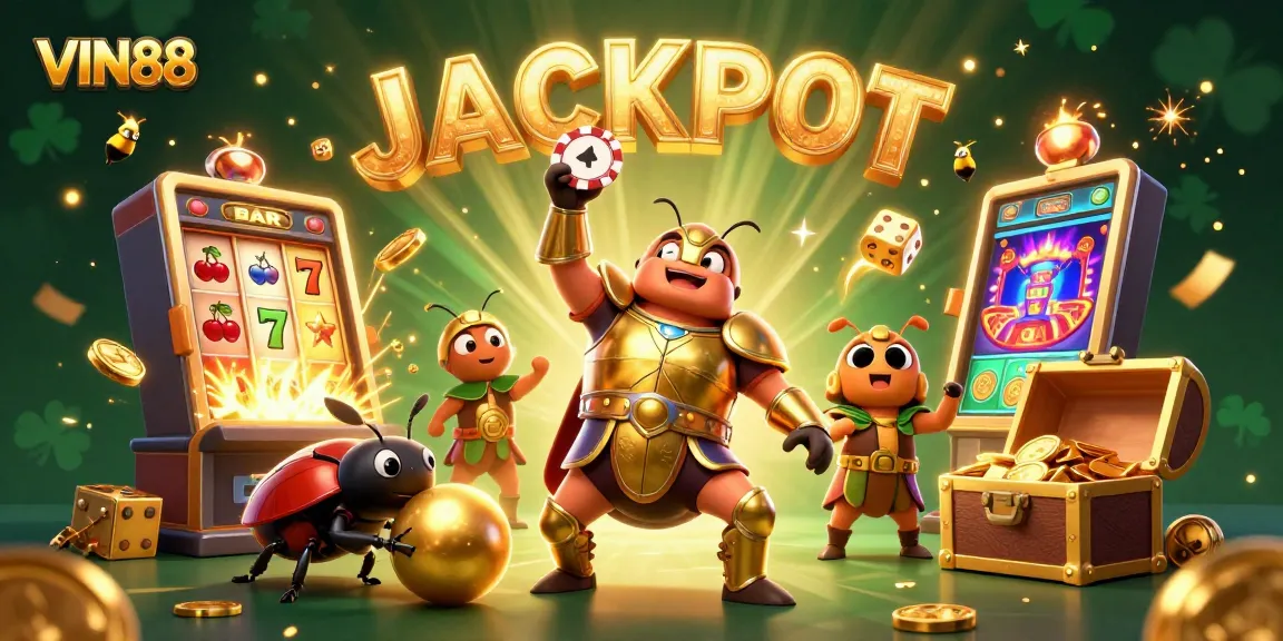 Experience thrilling wins with VIN88 in this vibrant 3D casino scene overflowing with games and excitement.
