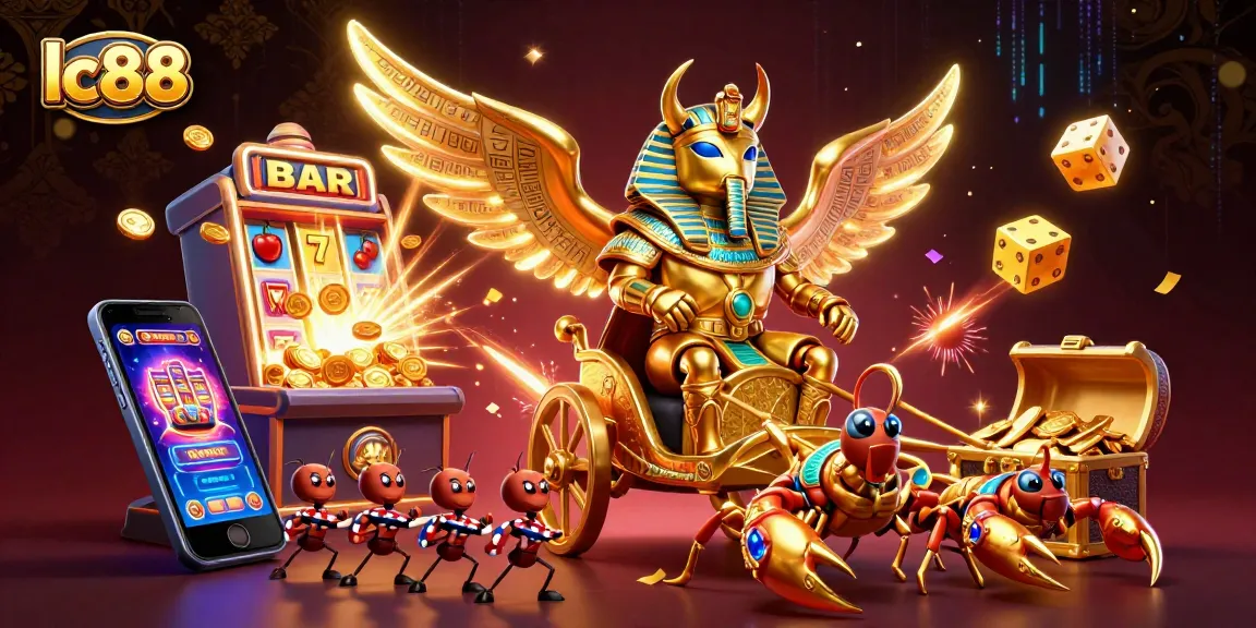Experience the excitement of lc88 with a vibrant casino scene showcasing a golden scarab beetle and jackpot explosion.