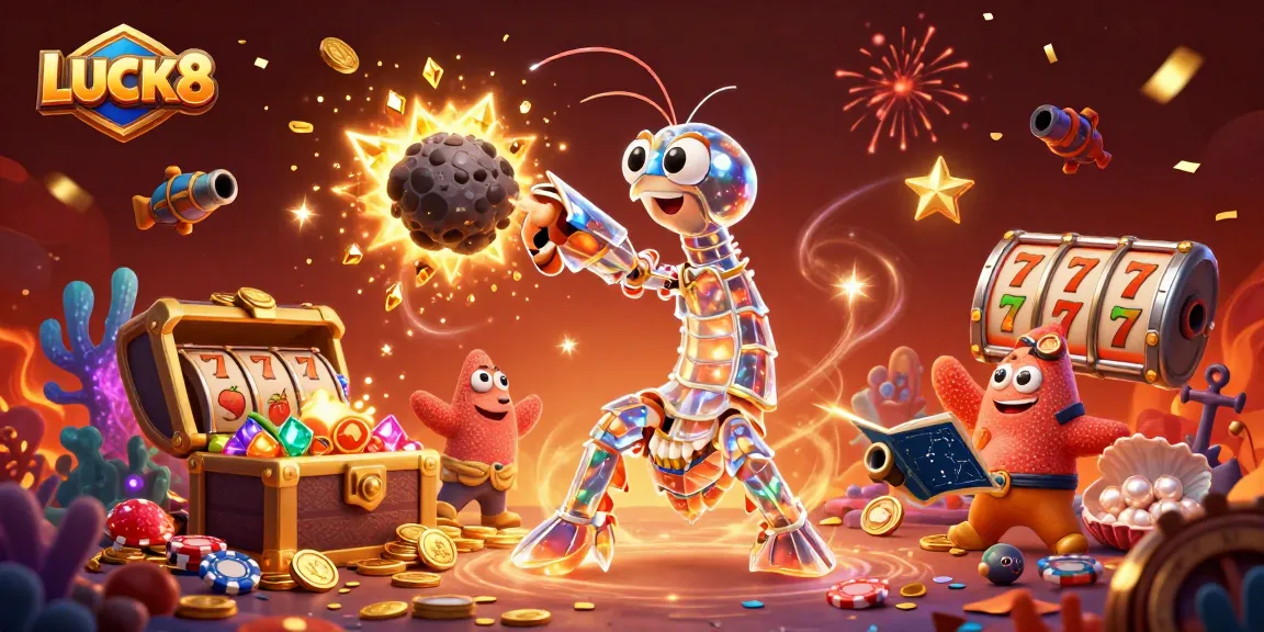 Engage with LUCK8 casino excitement as a galactic mantis shrimp bursts through an asteroid of gems and coins.