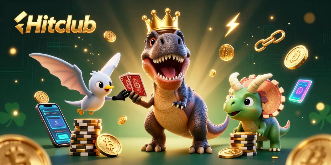 Hitclub creates an exciting casino experience with a T-Rex and friends amidst glowing crypto coins.
