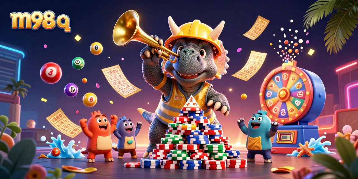 Cheerful 3D scene depicting triceratops and companions celebrating at m98 q casino with dynamic gaming elements.
