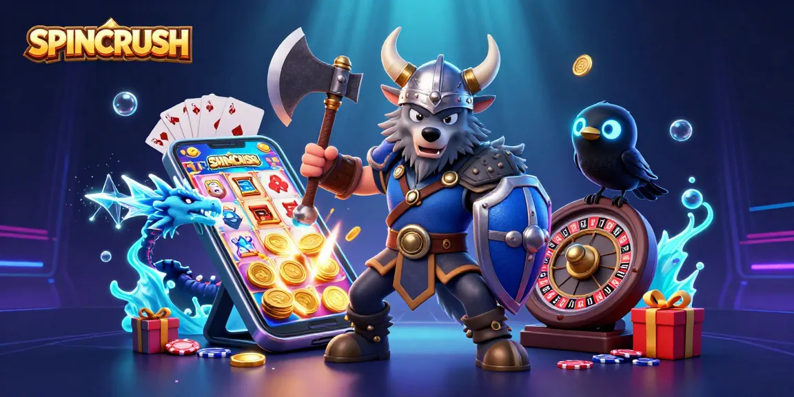 Experience SPINCRUSH with the Viking wolf and dragon amidst colorful slot games and glowing coins.