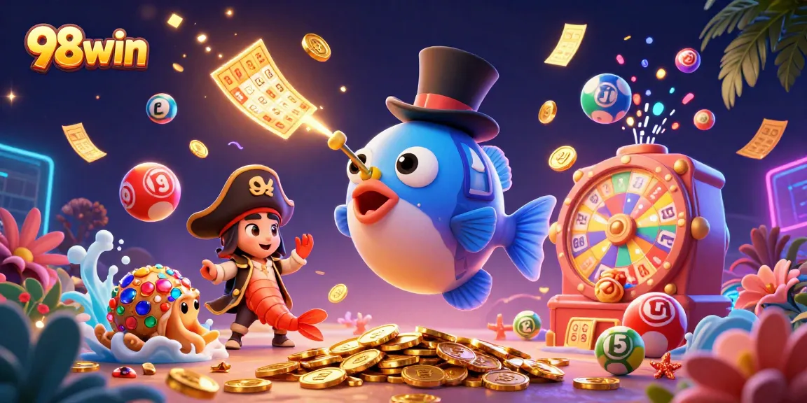Attract golden coins with 98win in this vibrant underwater casino illustration showcasing lottery elements.