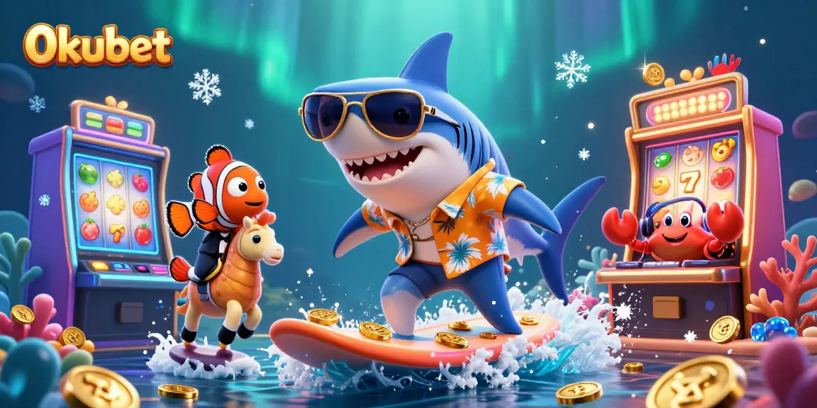 Experience 0kubet's thrilling slots scene with a shark and clownfish amidst gold coins.
