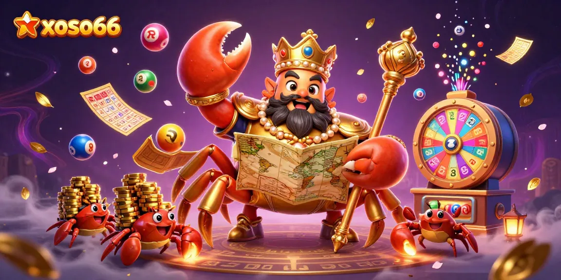 Experience thrilling wins with xoso66 in this vibrant 3D illustration of a golden crab emperor amidst a dynamic lottery scene.