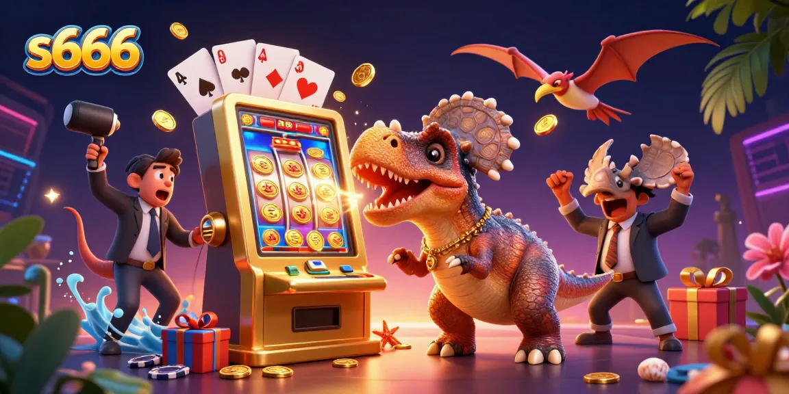 S666 jackpots roll in with a pachycephalosaurus hitting a golden slot machine, bringing casino excitement alive.