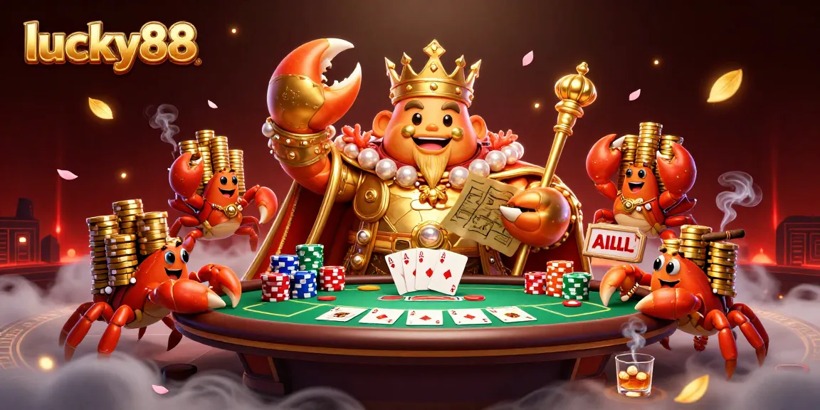 Join the fun at lucky88 with a golden crab emperor overseeing a colorful poker game full of excitement.
