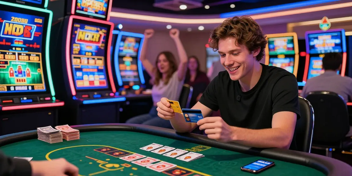 Exciting gaming moment at https://bhma.org.uk featuring a player using a credit card at a vibrant online casino in 2026, with neon lights and engaging ambiance.