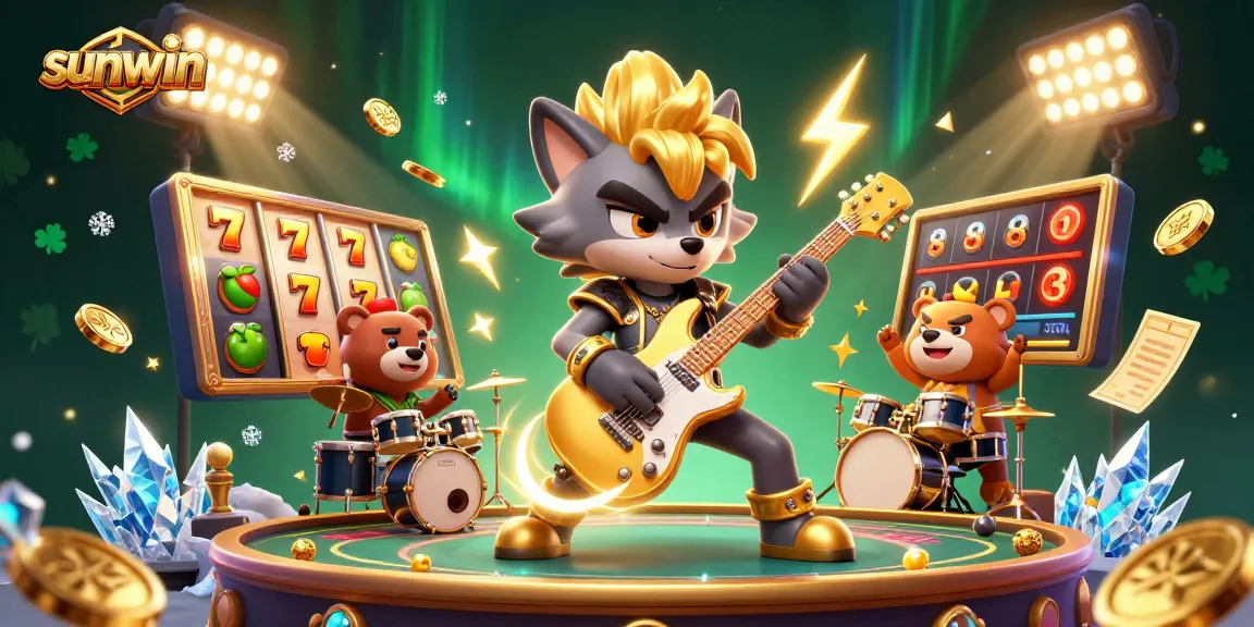 Experience the excitement of sunwin with a cartoon wolf rocking out on stage amidst vibrant slot game action.
