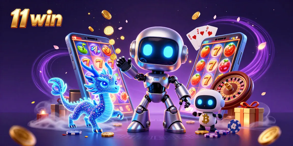 Engage in the vibrant world of 11 win gaming, featuring dynamic 3D characters amidst colorful slot elements.
