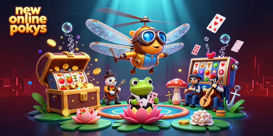 Experience thrilling new online pokies with a lively dragonfly pilot and frog croupier in a colorful casino scene.