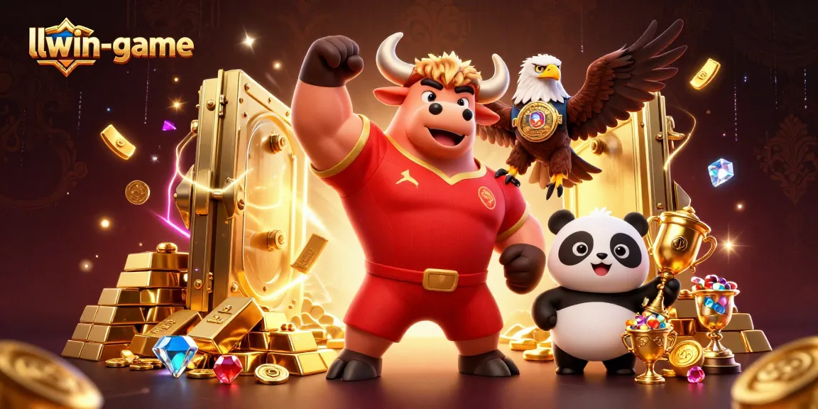 Experience gambling excitement with llwin-game featuring a victorious bull mascot and treasure!