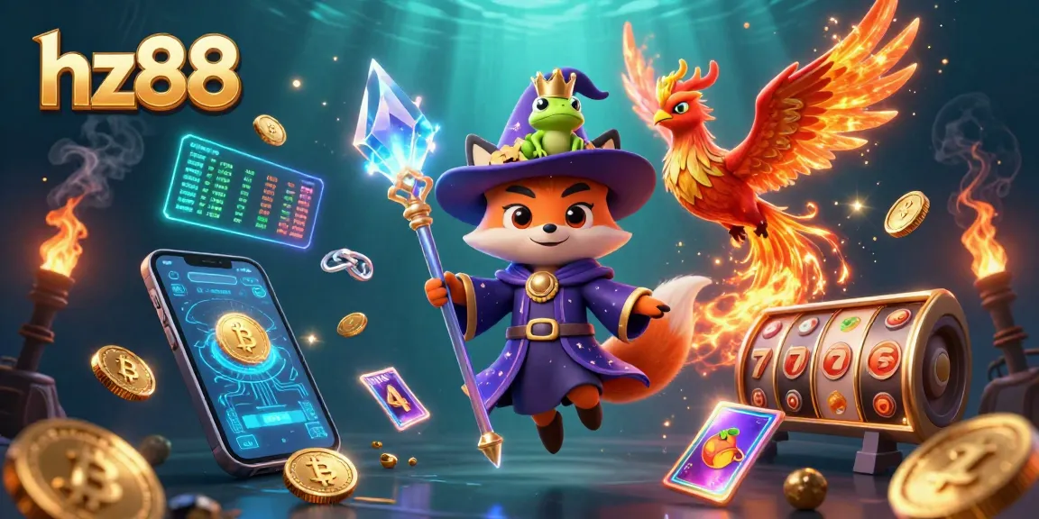 Engage with the vibrant hz88 casino scene featuring a wizard fox and crypto elements.