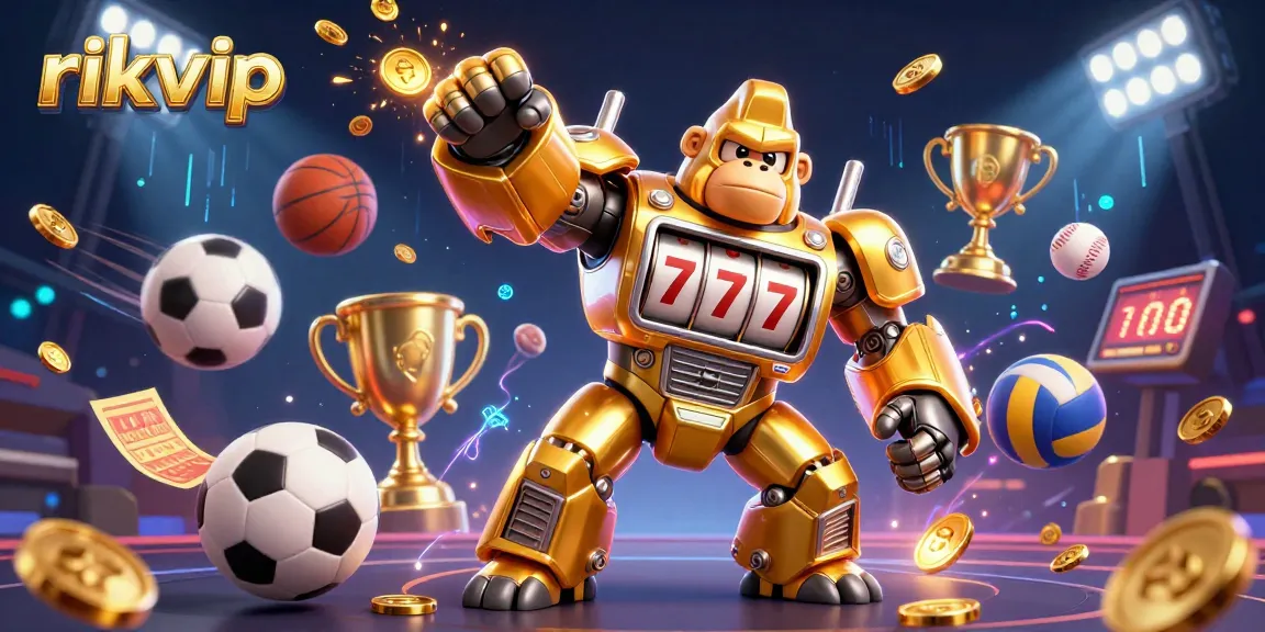 Experience winning strategies at rikvip with dynamic sports and gambling elements in a vibrant 3D illustration.