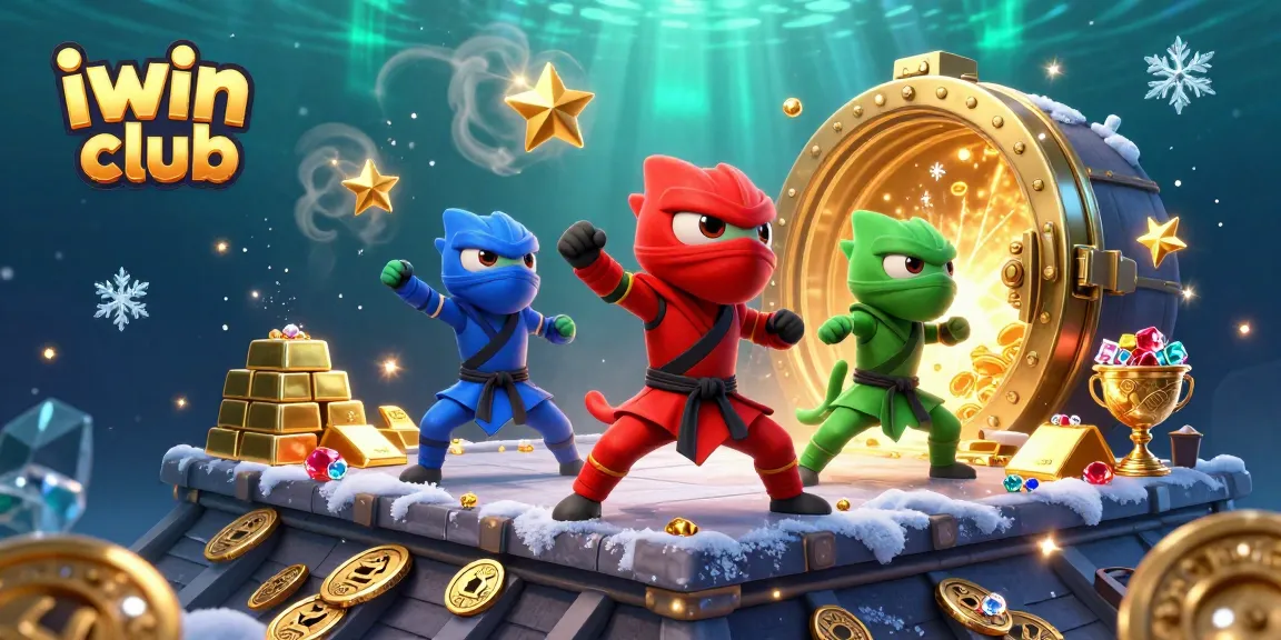 The iwin club illustration shows ninja chameleons amidst gold treasure, capturing the thrill of casino adventures.
