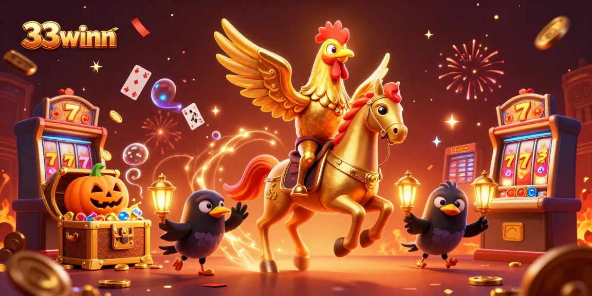 Engage with thrilling slots at 33winn, featuring a golden rooster in an exciting casino scene.
